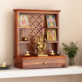 ONIJA Home Temple Wooden Puja Mandir Pooja Stand for Home and Office Wall Mandir for Home Temple for Home and Office (Natural)
